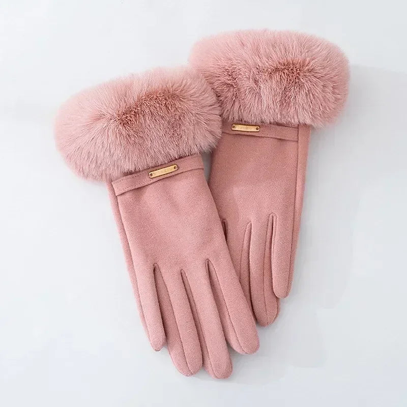 Women's fitted wrist-length gloves with plush fur cuff and subtle metallic accent for elegant style