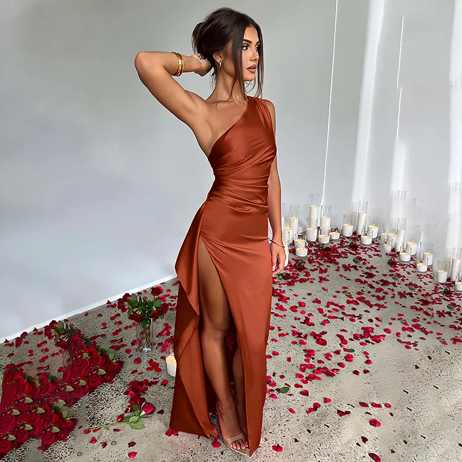 Lily one-shoulder satin evening dress in sleek drape with ruched waist and thigh-high slit