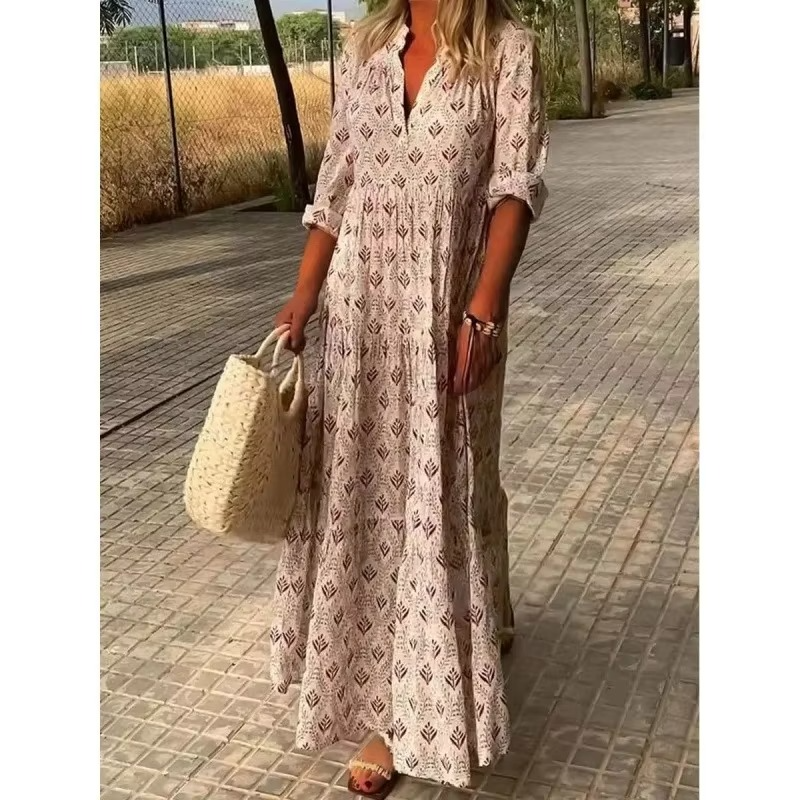 Plus size vintage maxi dress with stand collar, long sleeves, floral summer style for curvy silhouettes