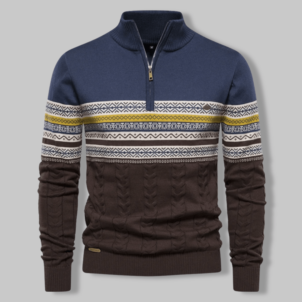 Men's half-zip Nordic pattern pullover sweater with stand collar, ribbed cuffs, cozy knit