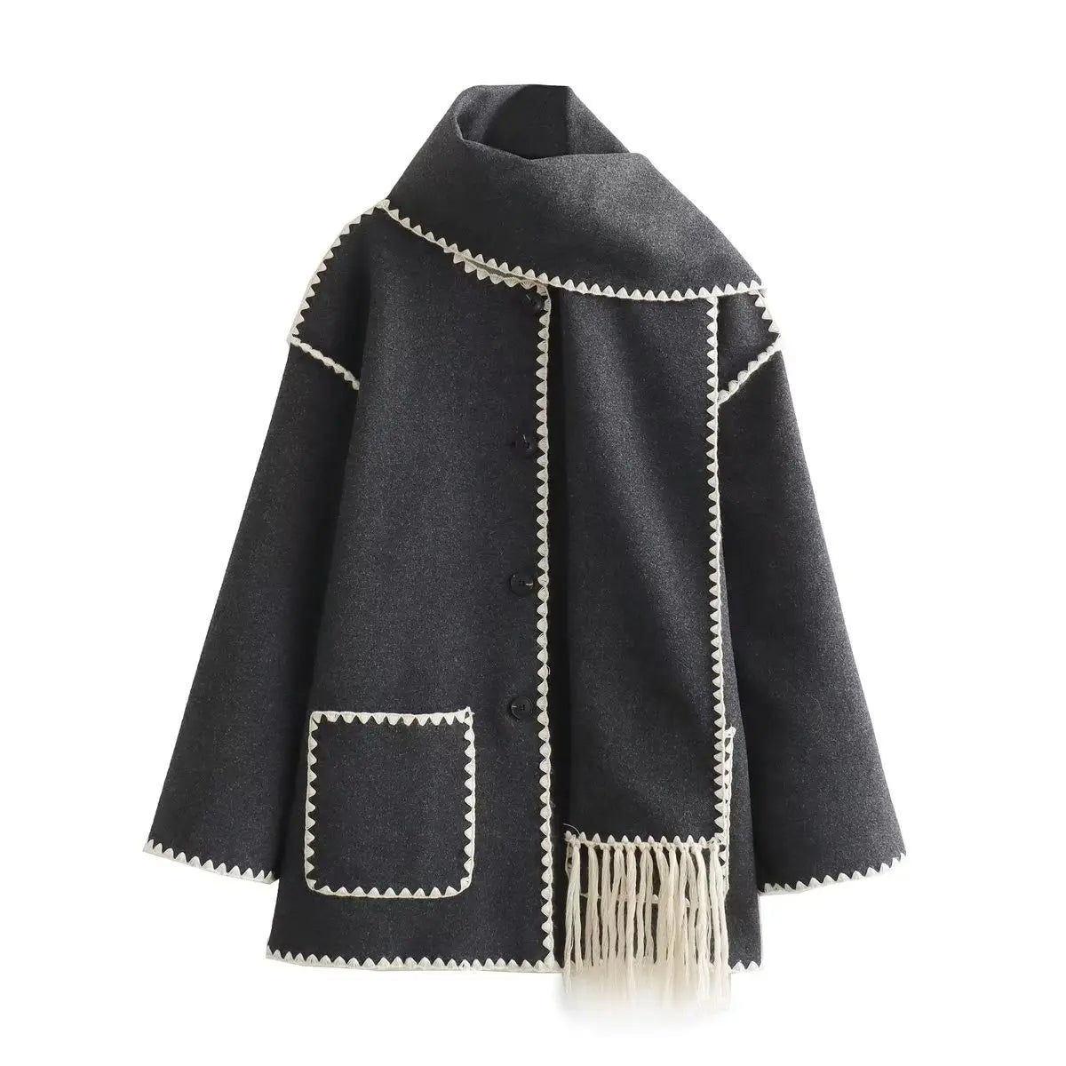 Warm wool blend French coat with integrated scarf and bold whipstitching for cold-weather style