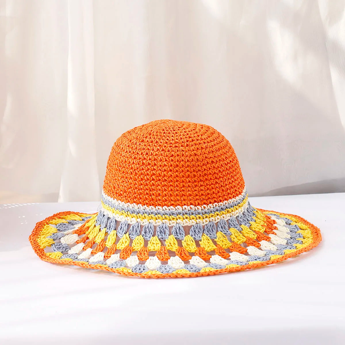 Women's boho sun hat hand crocheted wide brim bold color block pattern beach everyday style