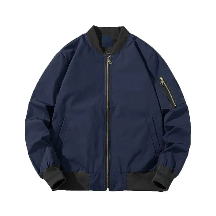 Men's olive green pilot bomber jacket with classic ribbed hem and rugged casual fit for everyday wear