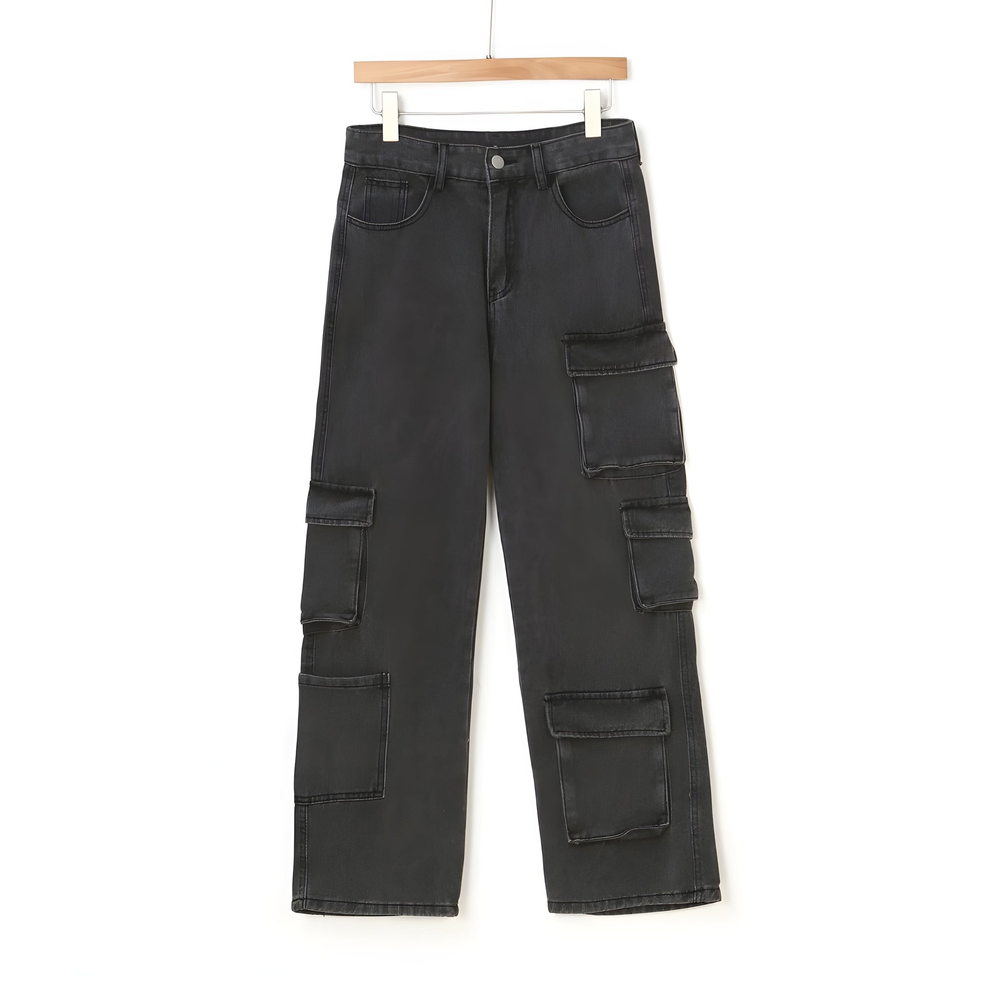 Women's acid wash cargo denim jeans high rise wide leg streetwear with multi-pocket detail
