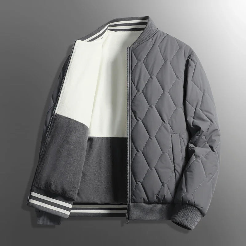 Unisex quilted bomber jacket reversible two-tone lining hip-length relaxed fit casual winter fleece
