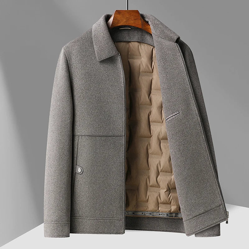 Men's heritage brushed wool jacket in classic cut with removable down liner for versatile layering