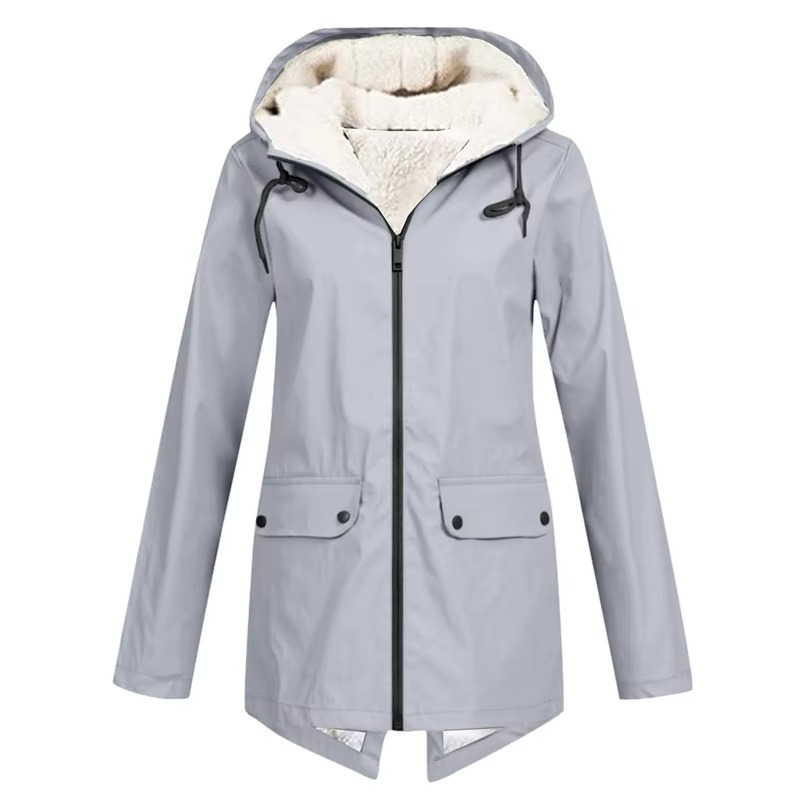 Women's waterproof hooded trench coat windbreaker with velvet lining, all-weather chic style
