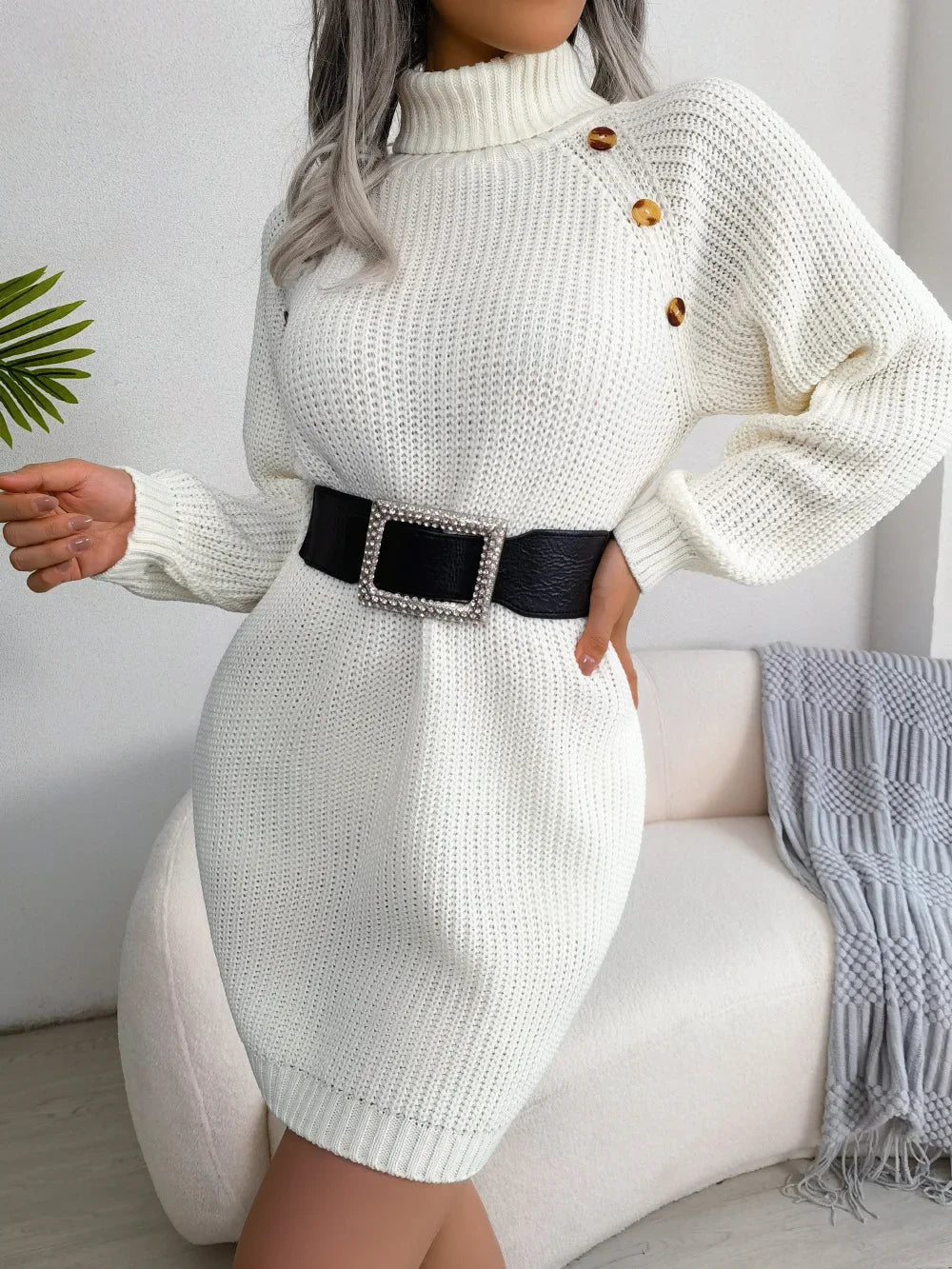 Women's Emily knit sweater dress, cozy turtleneck, flattering silhouette, long sleeves, chic winter style
