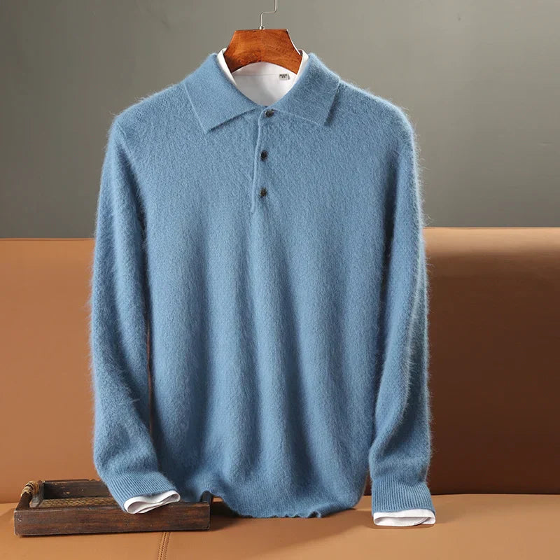 Men's relaxed fit wool polo sweater long sleeve ribbed edges button closure cozy knit