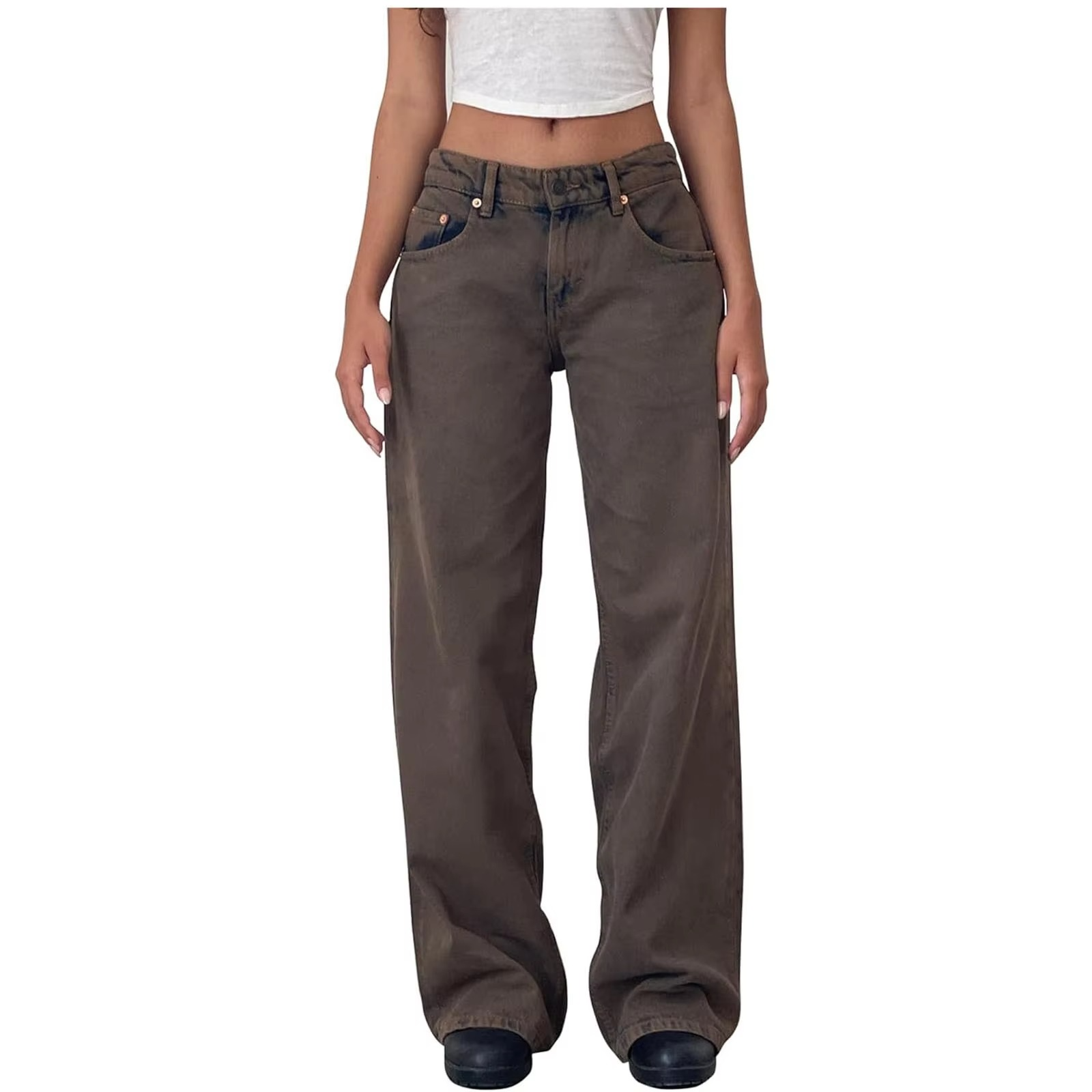 Women's retro washed mid-rise straight leg jeans in vintage blue soft cotton denim flattering fit