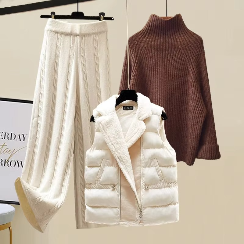 Women's 3-piece knitted sweater set with padded vest, turtleneck pullover, and wide-leg pants