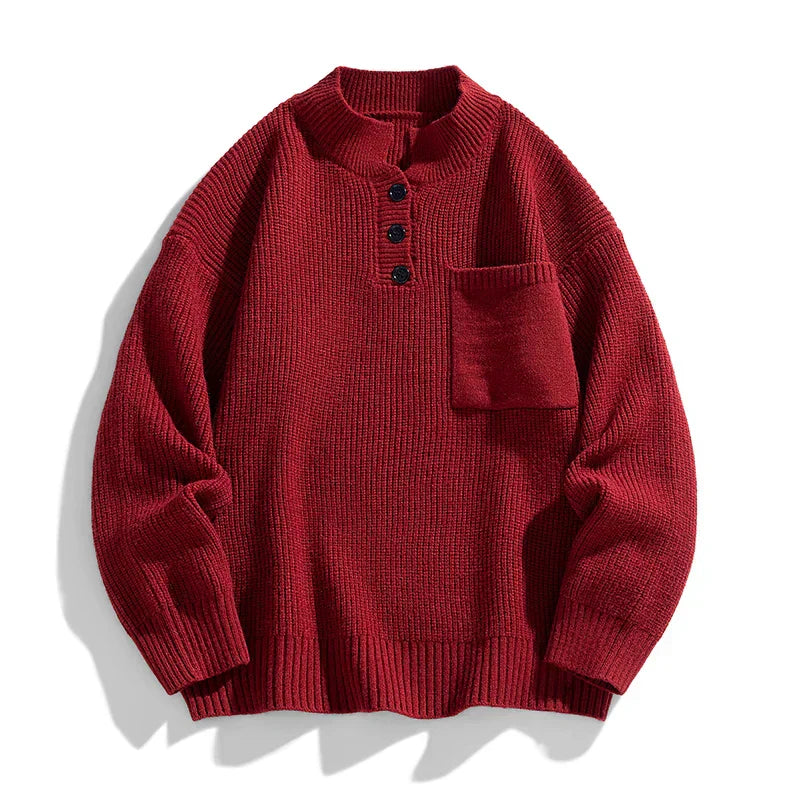 Men's cozy winter knit pullover classic fit with buttoned neckline for casual layering