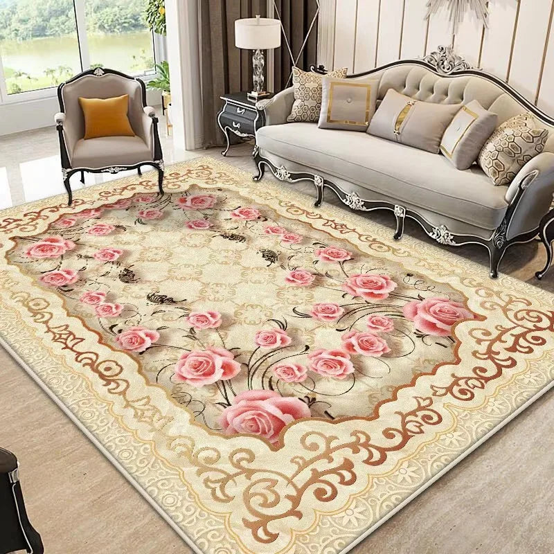 European-style luxury floral area rug in soft flannel, non-slip large floor mat for living room