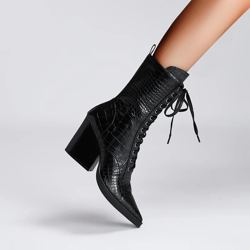 Women's western lace-up boots in crocodile-embossed leather with pointed toe for rodeo and city style