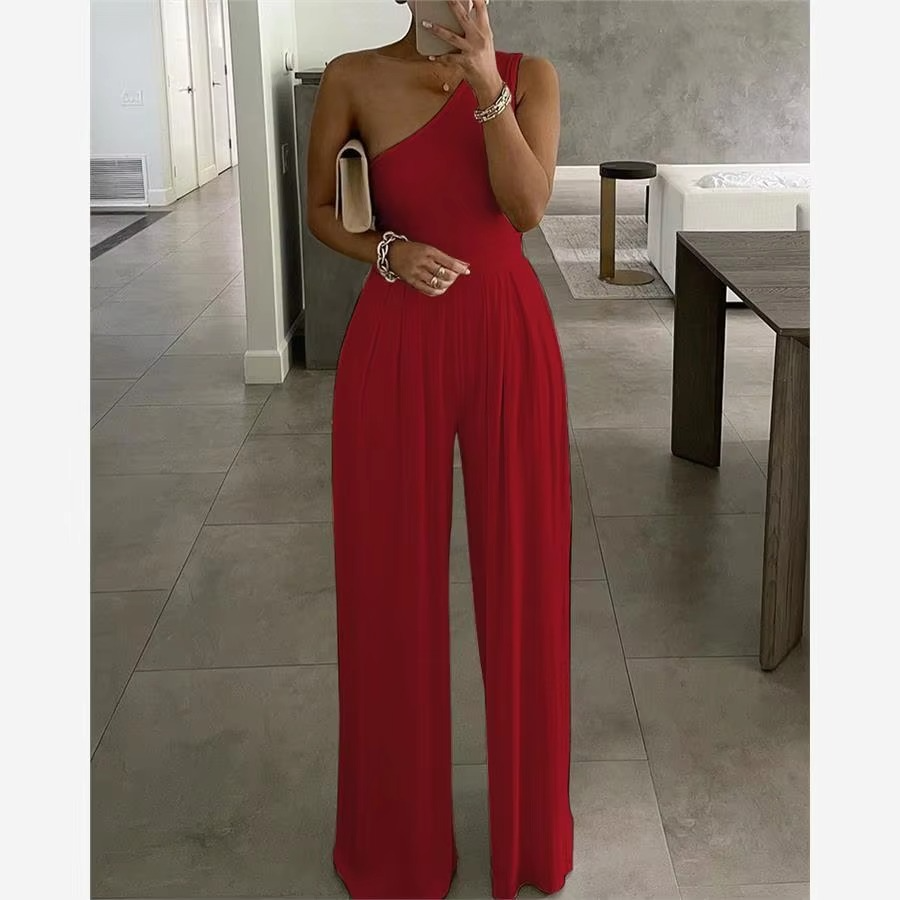 Women's one shoulder wide leg jumpsuit high waist casual summer chic asymmetric silhouette