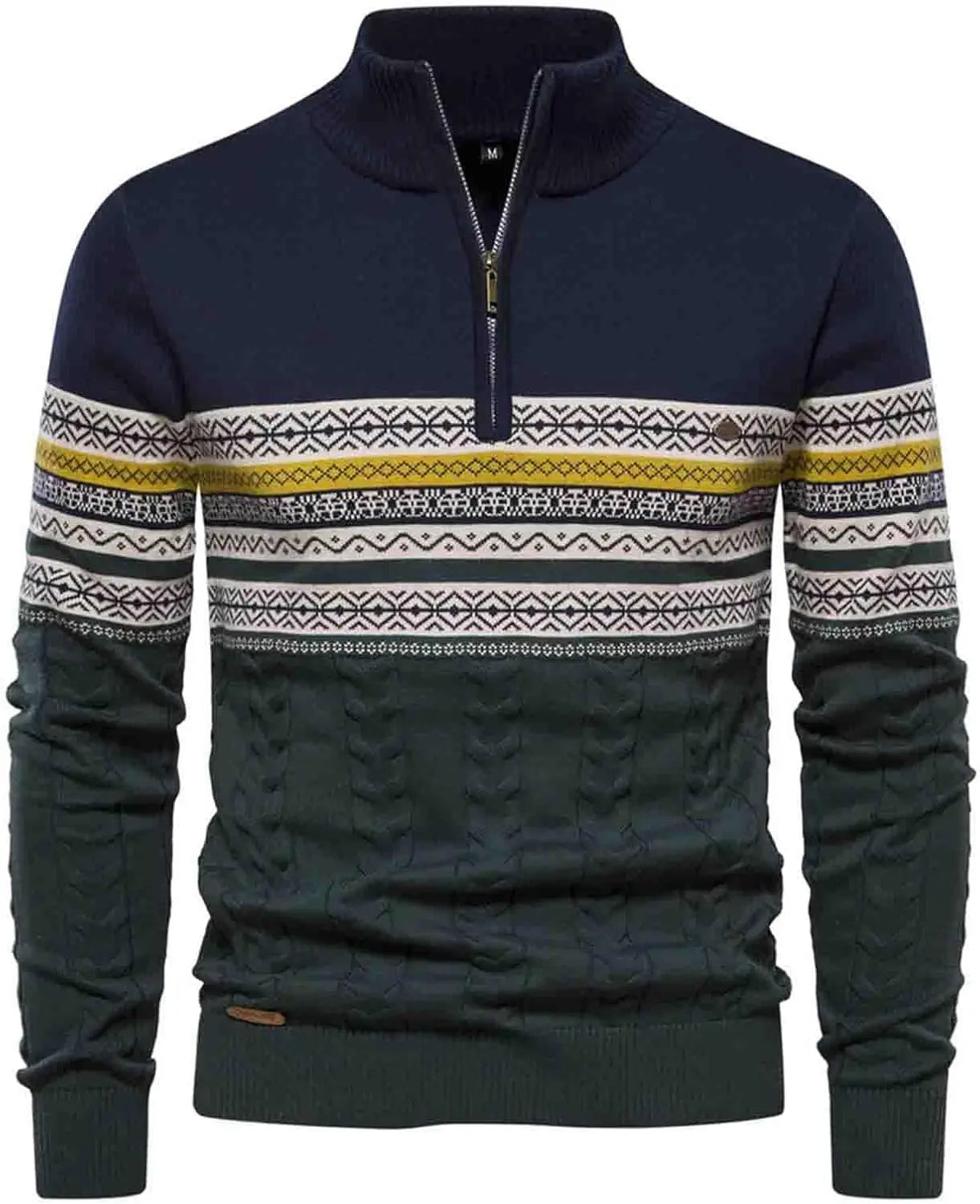 Men's olive green quarter zip sweater stand-up collar patterned knit modern slim fit