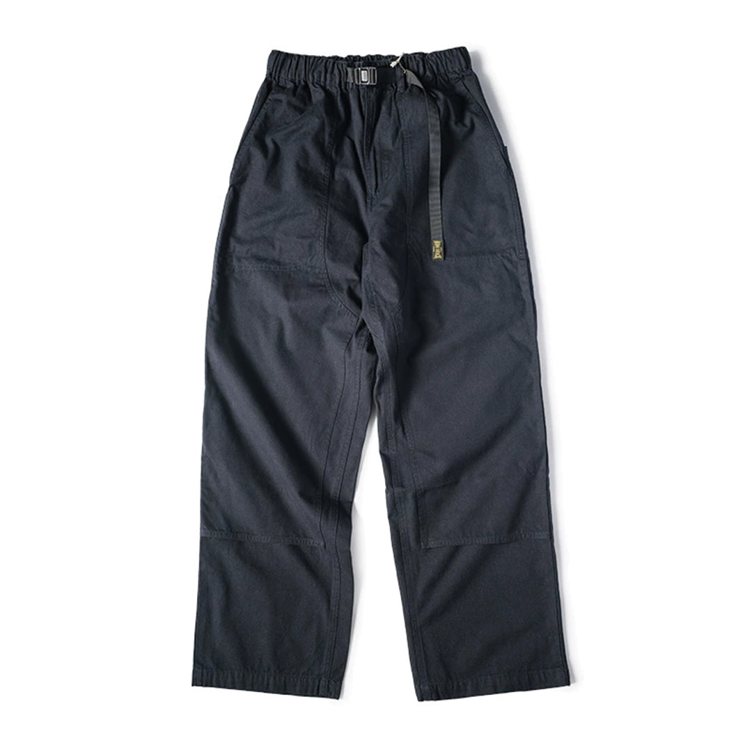 Men's straight-leg khaki cotton canvas trekking trousers with integrated waist adjuster