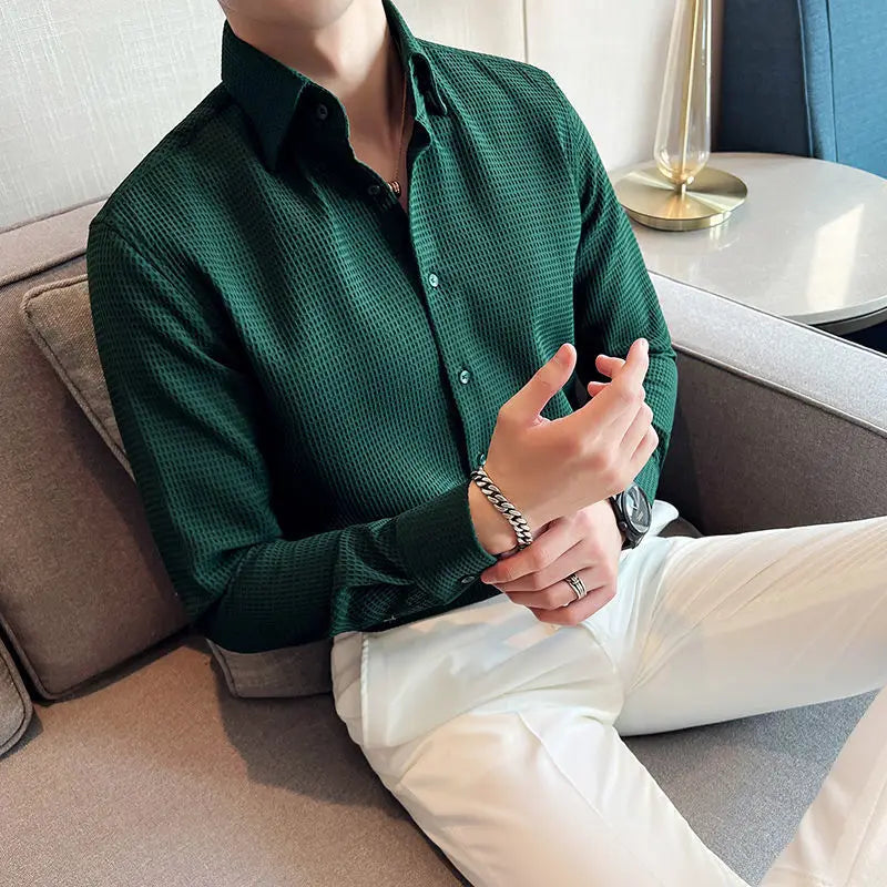 Men's slim fit waffle knit polo shirt textured wrinkle resistant breathable fabric modern style