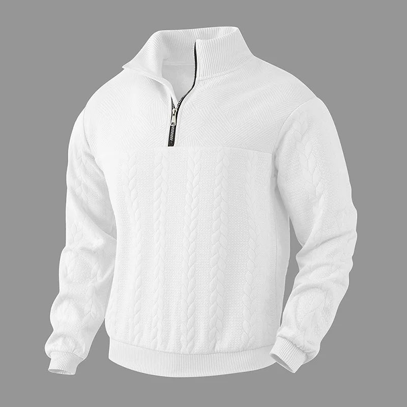 Men's cable knit quarter-zip sweater hip length regular fit with ribbed cuffs and textured pattern