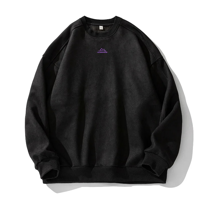 Oversized suede pullover with plush fleece lining, heavyweight 390g warm sweater for cold weather