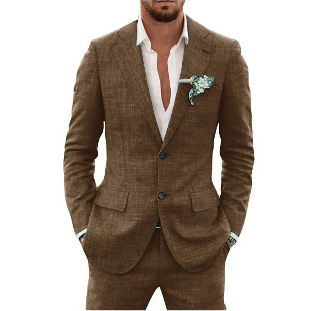 Men's slim fit two-piece wedding suit in classic tone with sharp peaked lapel jacket and matching trousers