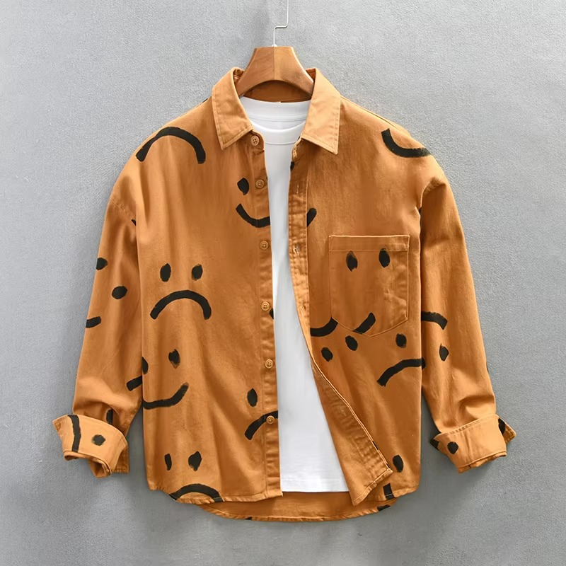 Men's thick cotton overshirt in graphic smiley pattern, long sleeve rugged workwear layer