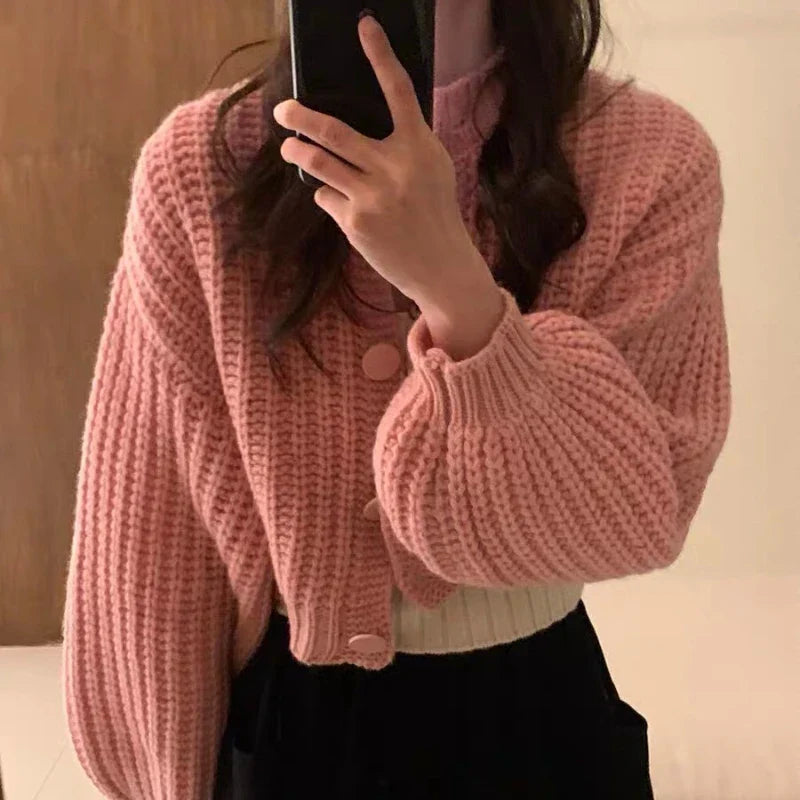 Women's cropped wool knit cardigan balloon sleeves button front relaxed fit everyday elegance