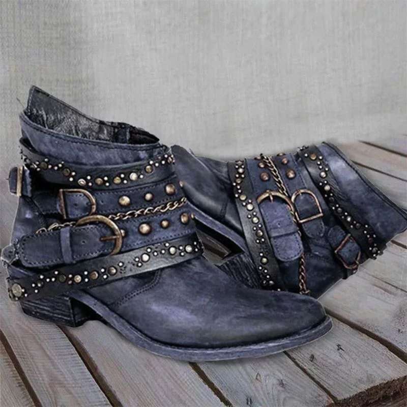 Women's western ankle boots PU leather low heel with buckle and chain details, fashion-forward style