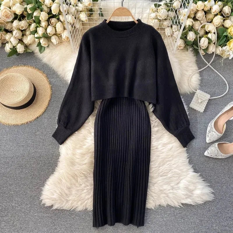 Women's cozy knitted dress and sweater set in neutral tones with batwing sleeves for all occasions