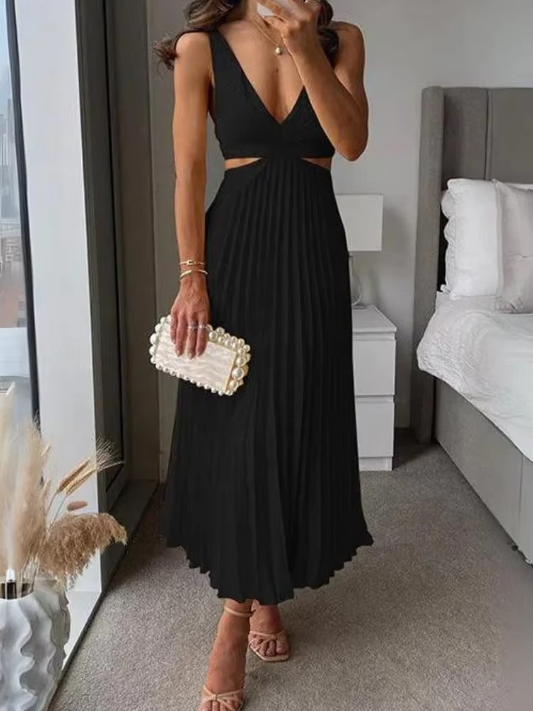 Sleeveless maxi dress deep V neck pleated high waist lightweight breathable soft-touch fabric women summer