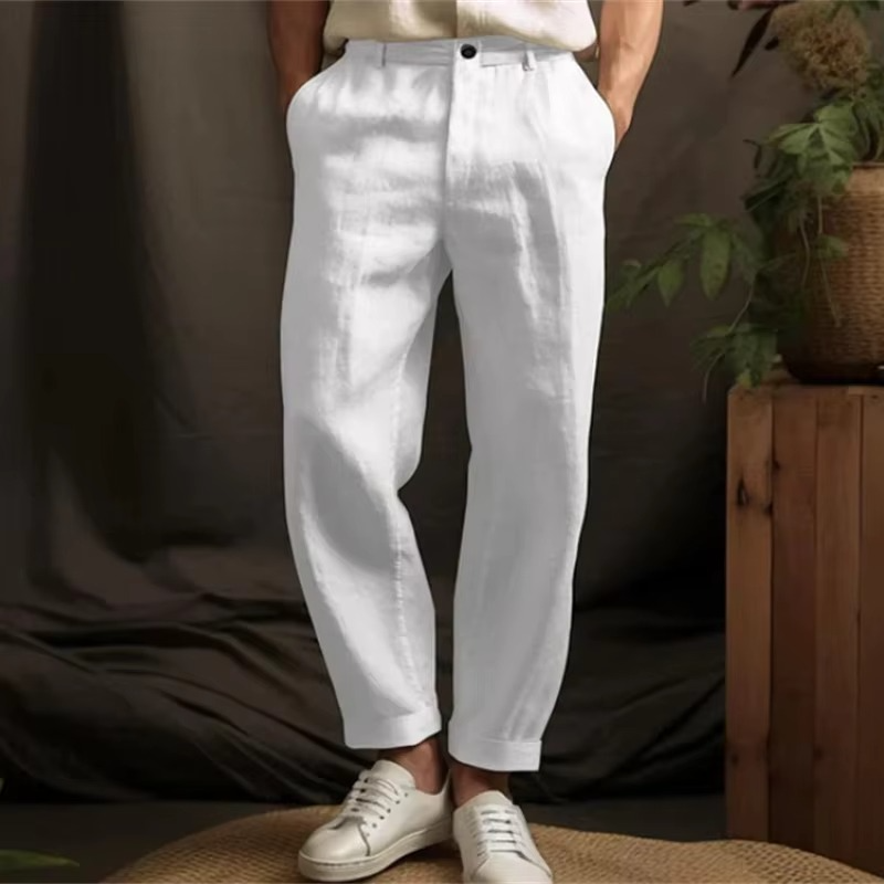 Men's beige linen blend relaxed fit trousers lightweight breathable casual pants for warm weather