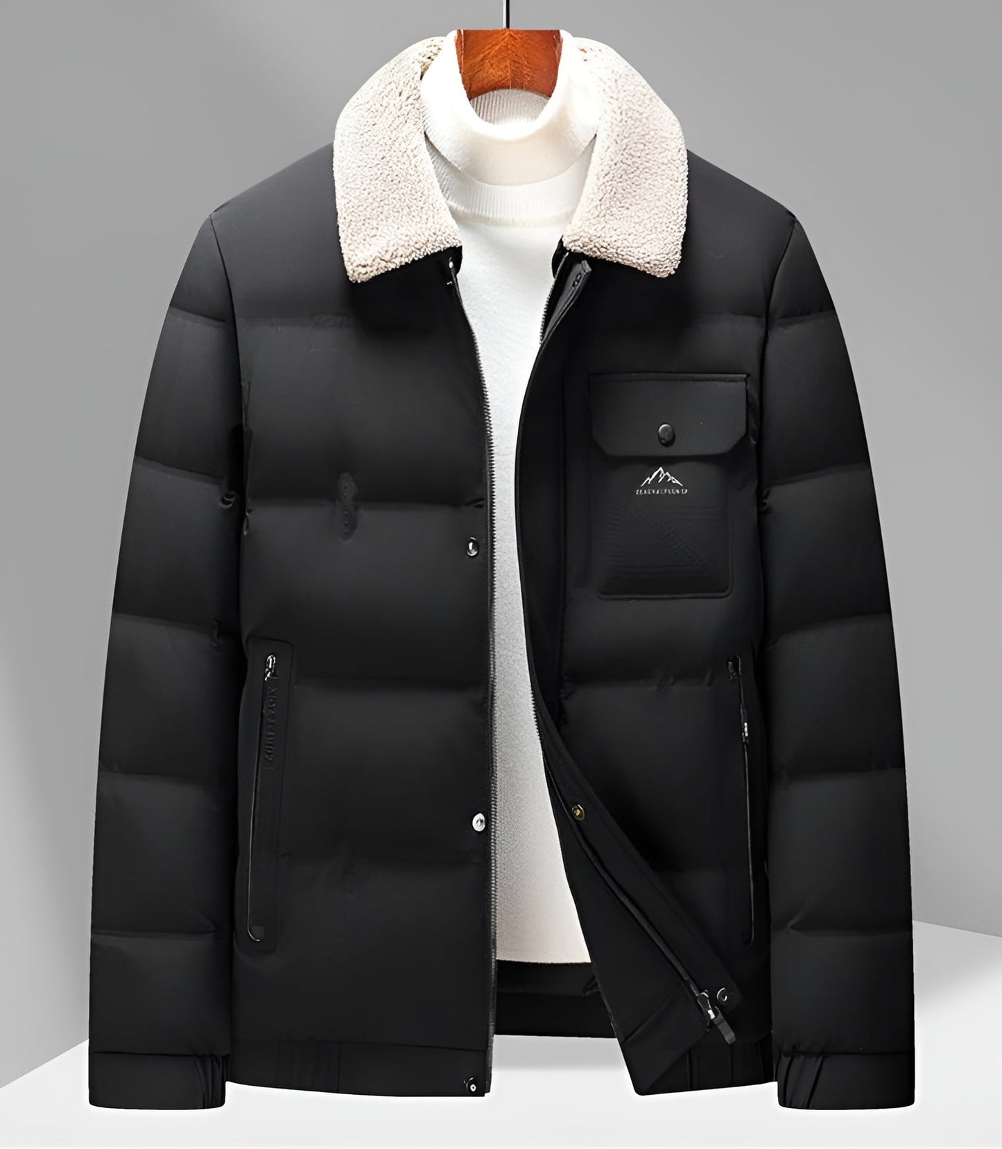 Men's lightweight matte shell jacket with detachable white sherpa collar, slim modern fit