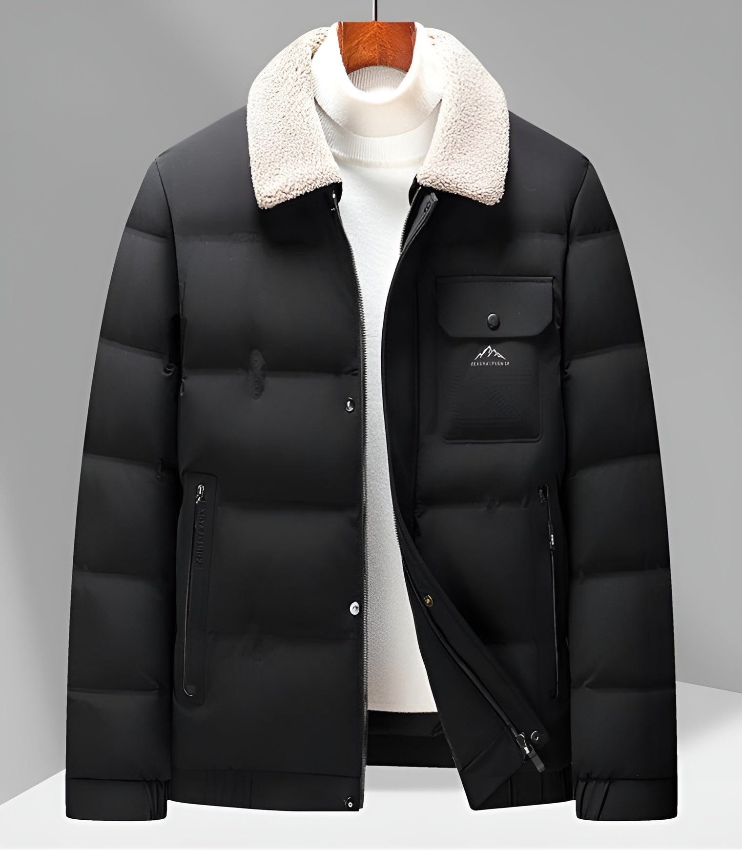 Men's lightweight matte shell jacket with detachable white sherpa collar, slim modern fit