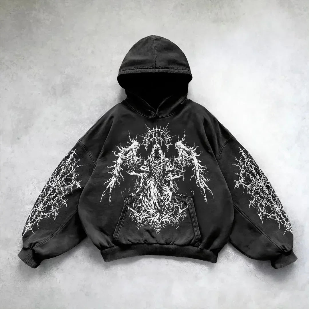 Washed hoodie premium cotton vintage streetwear bold retro gravure texture relaxed fit casual pullover