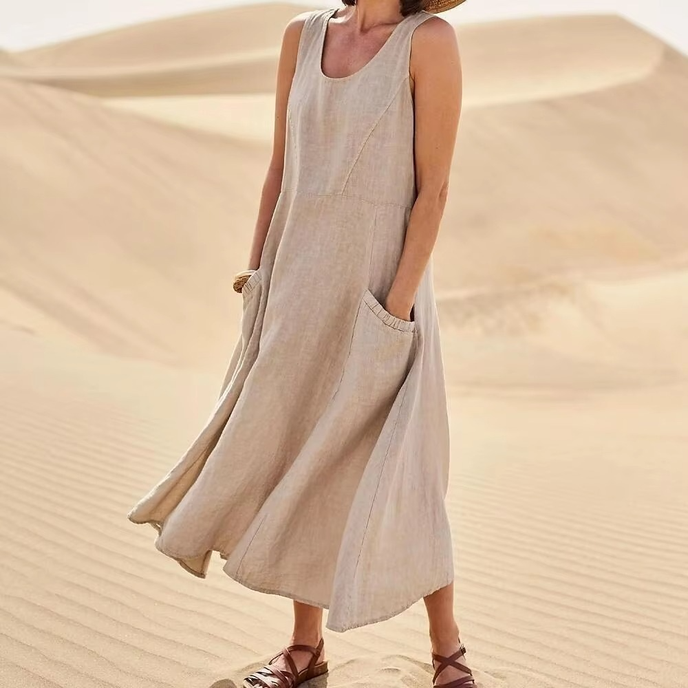 Women's cotton linen maxi sundress loose fit sleeveless beachwear with pockets natural drape