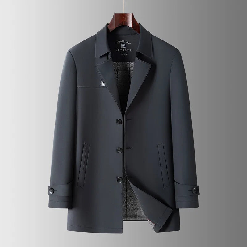 Lucca Santino black car coat notch lapel polished professional outer layer tailored silhouette