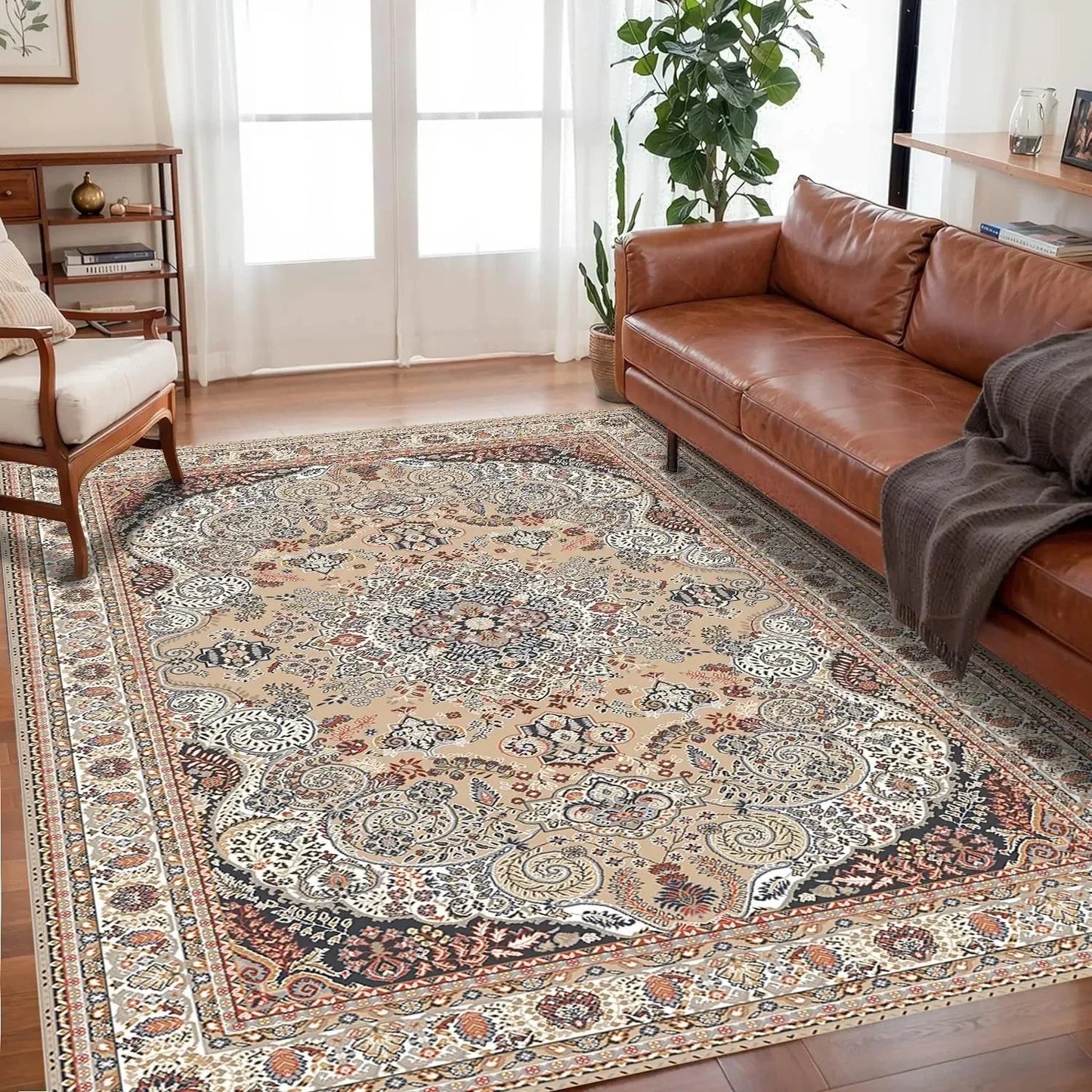 VIKAMA large bohemian living room rug non-slip backing easy-care multicolor pattern floor mat