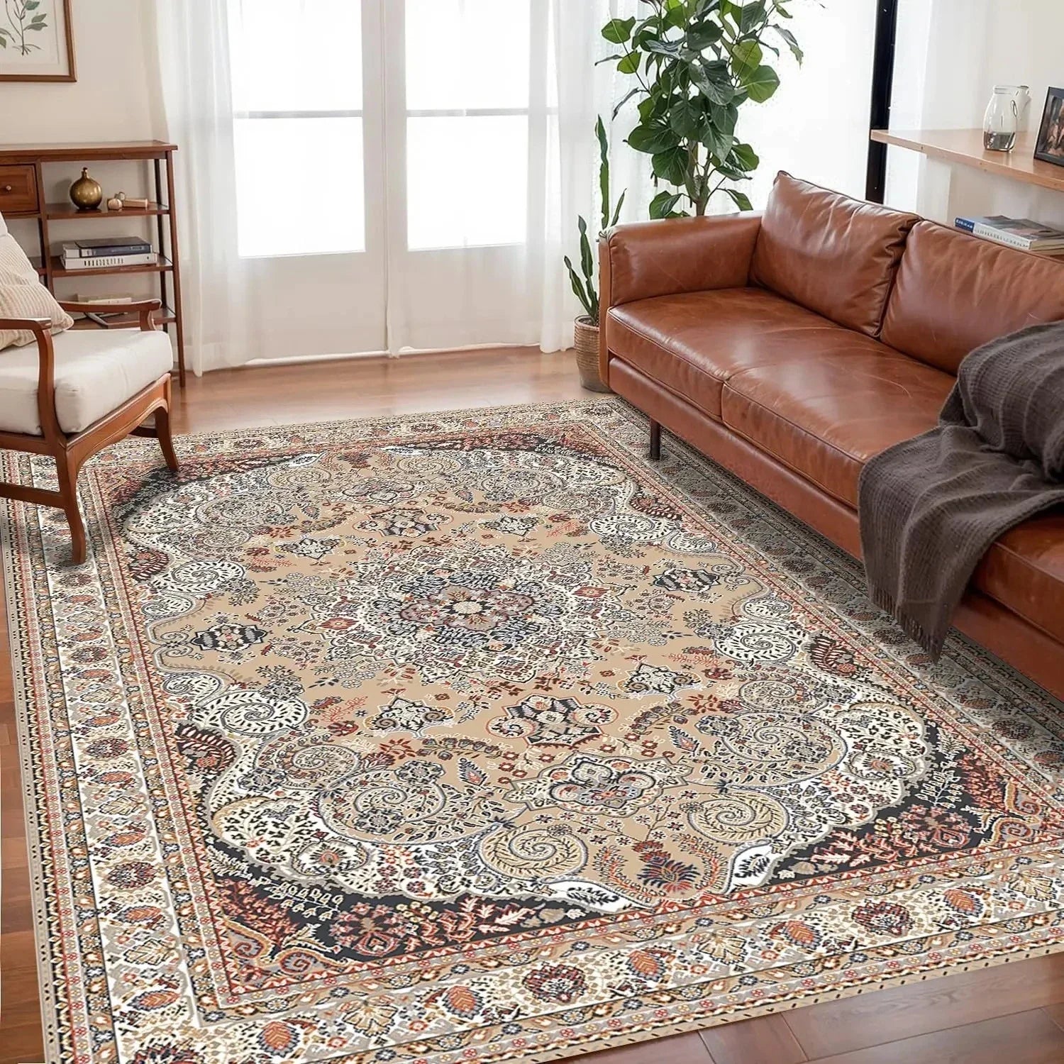 VIKAMA large bohemian living room rug non-slip backing easy-care multicolor pattern floor mat