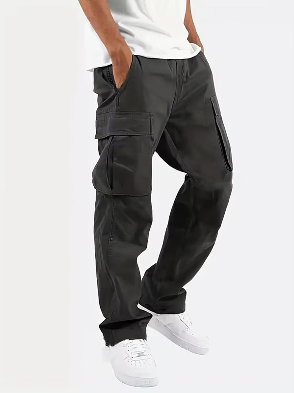 Men's black relaxed fit cargo jogger pants with drawstring waist and tapered elastic cuffs