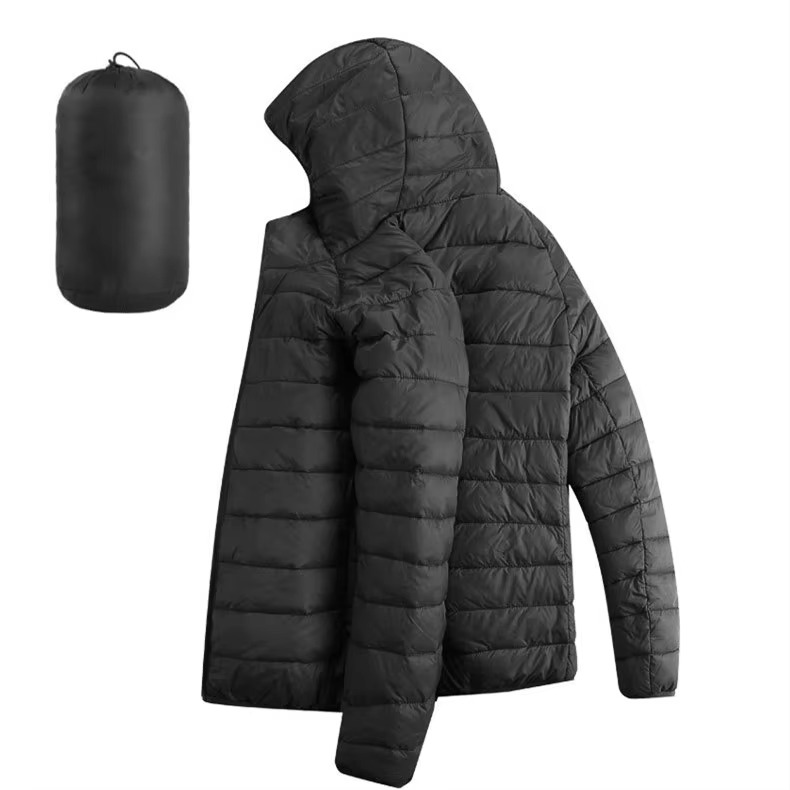 Men's lightweight hooded cotton down parka with zip pockets, slim casual cut for winter warmth