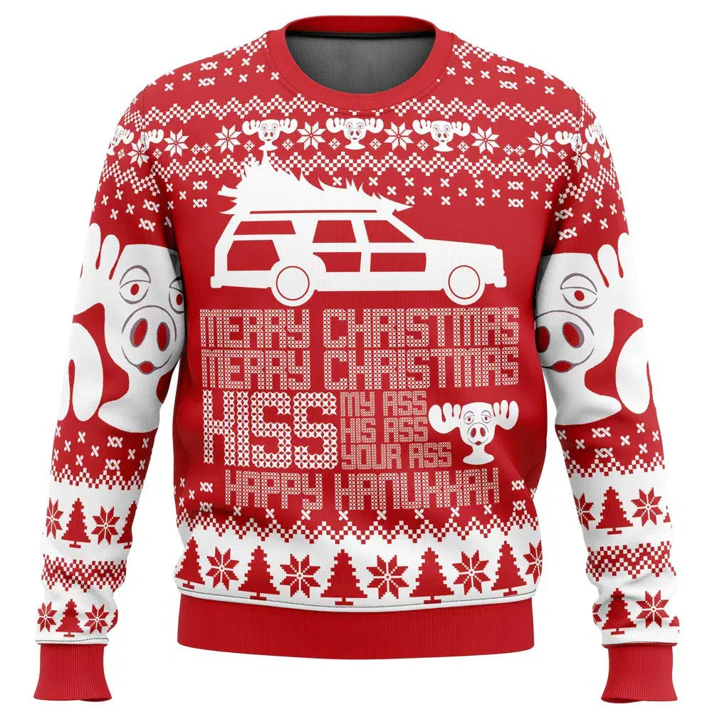 Men's relaxed fit Christmas sweater with funny ski theme print, cozy festive holiday knit