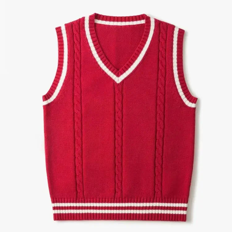 Men's thick knit sleeveless V-neck sweater vest, versatile autumn layer in neutral tones