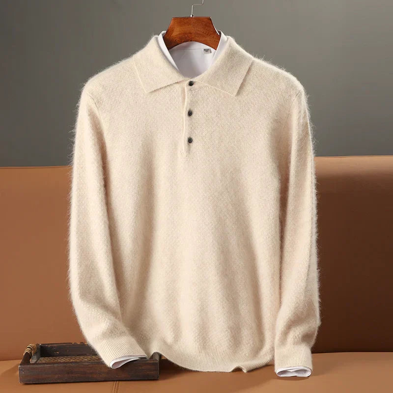 Men's relaxed fit wool polo sweater long sleeve ribbed edges button closure cozy knit