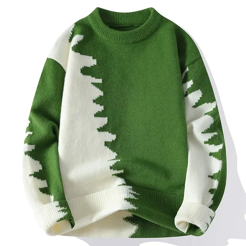Men's two-tone color-block knit sweater with jagged edge pattern and cozy relaxed fit