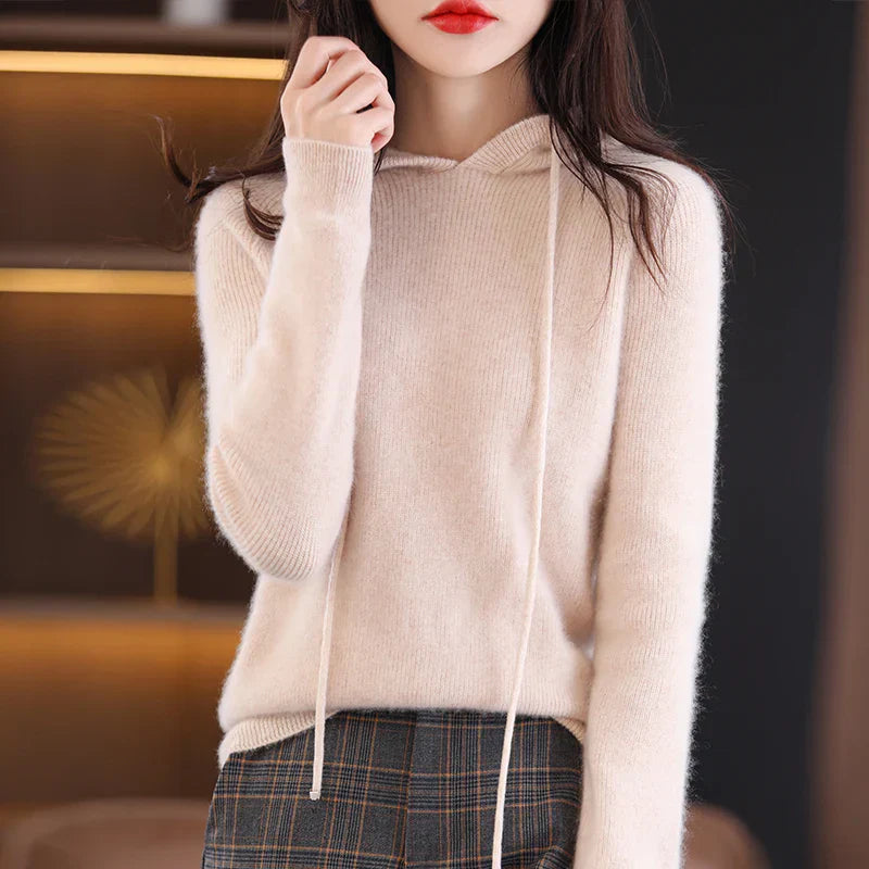 Women's slim fit merino wool hoodie in neutral tone, lightweight with silk-soft texture