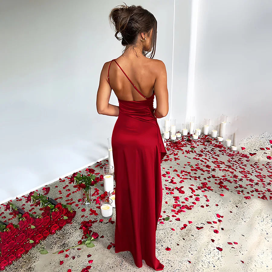 Lily one-shoulder satin evening dress in sleek drape with ruched waist and thigh-high slit