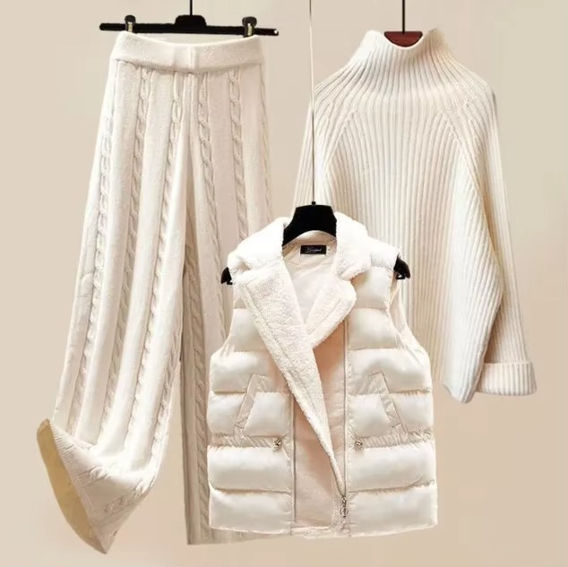 Women's cozy knit 3-piece set high-collar sweater wide-leg pants coordinated loungewear outfit