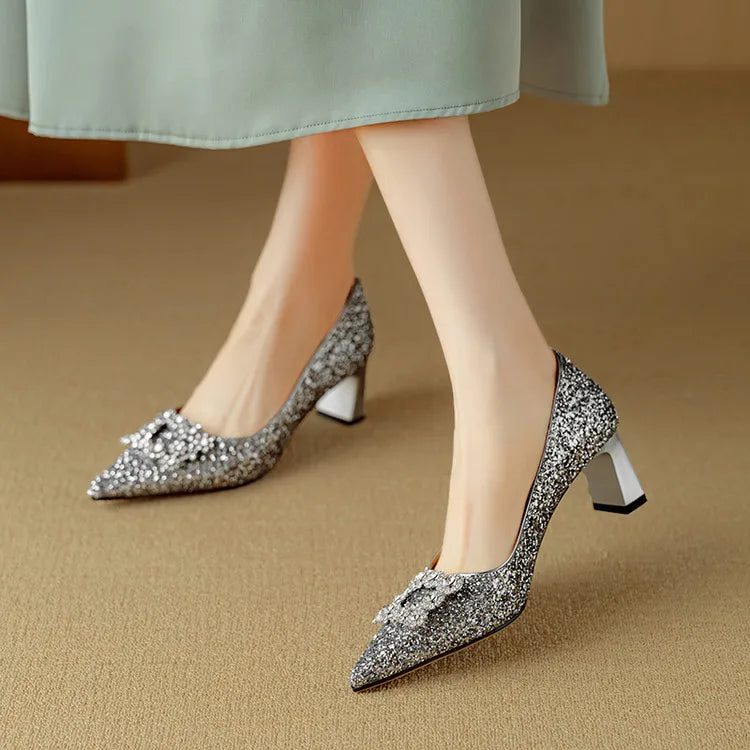 Stella | Women's Glitter Block Heel Pumps Pointed Toe Crystal Buckle