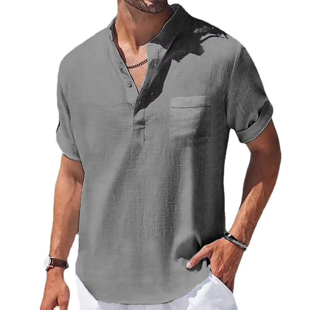 Men's navy cotton linen Henley shirt short sleeve relaxed fit breathable lightweight casual travel top