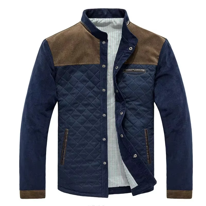 Men's slim fit quilted bomber jacket with navy denim contrast sleeves, lightweight windbreaker spring style